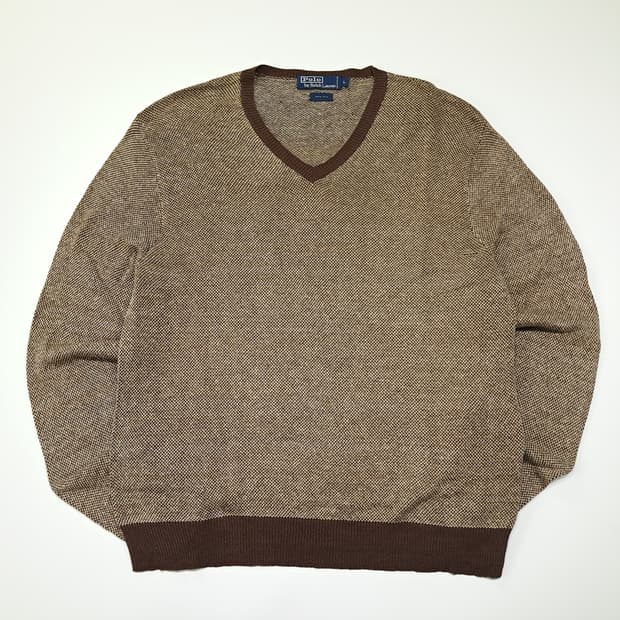 CL096 L 폴로 랄프로렌 100% 실크 브라운 버드아이 V넥 니트