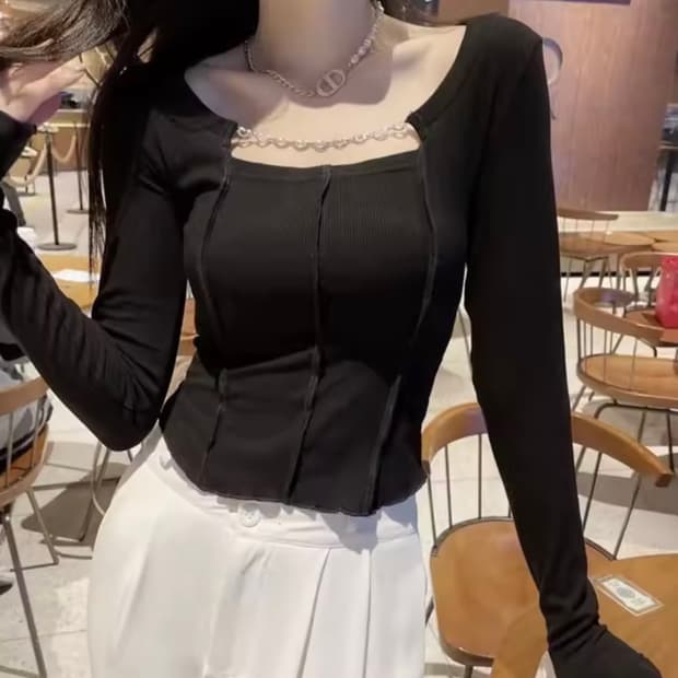 스퀘어넥 블랙 슬림탑