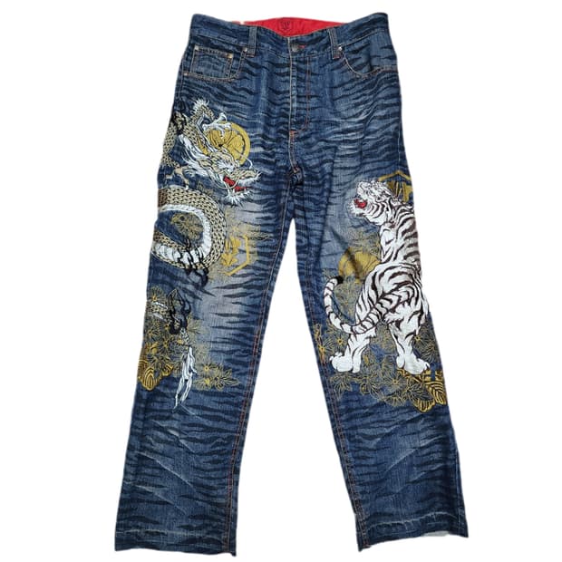 화조풍월 오리엔탈 용호상박 이레즈미 자수 데님팬츠