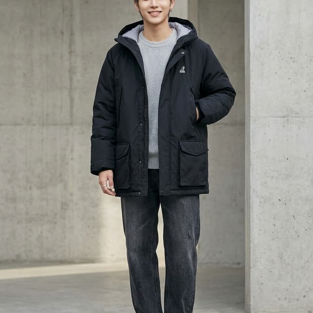 캉골 덕다운 블랙 야상 패딩