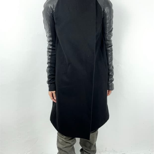 Rick Owens Wool Leather Sleeve Long Coat