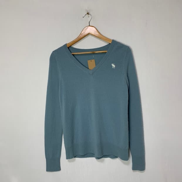 빈티지 브이넥 캐시미어 100% 니트 소라 하늘색