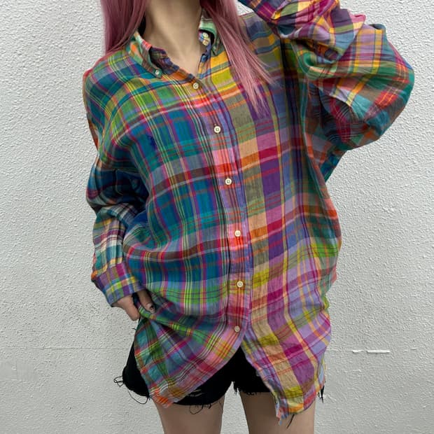 폴로 랄프로렌 네이비포니 비비드 타탄체크 린넨 셔츠 L