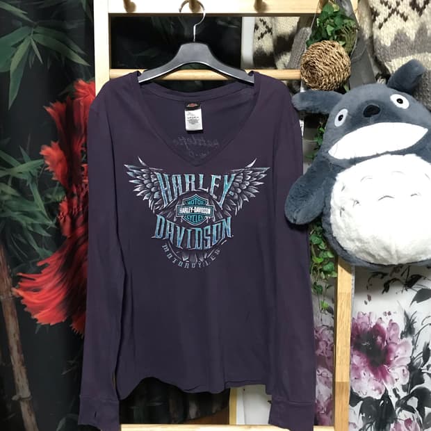 할리데이비슨 퍼플 브이넥 민트 프린팅 롱슬리브 💜희귀매물