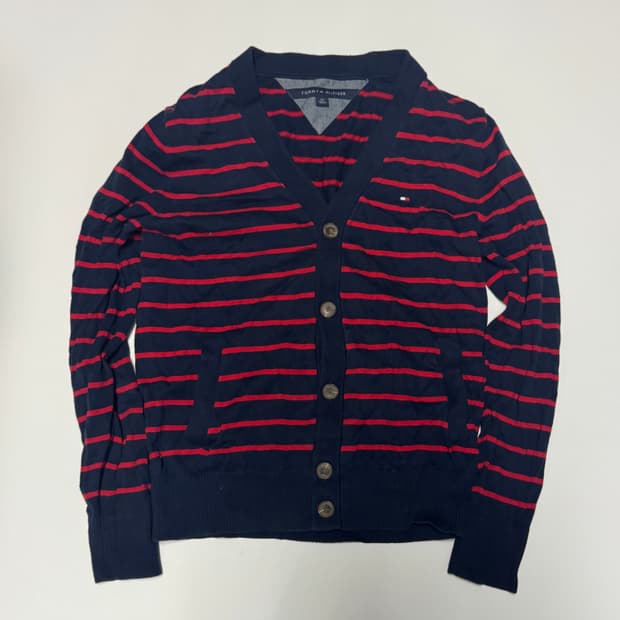 여성 타미힐피거 레드 스트라이프 코튼 가디건 S