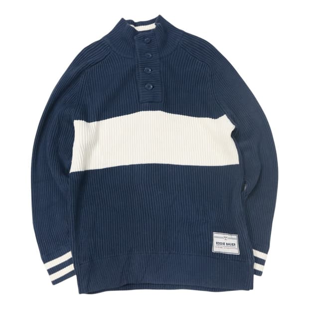 에디바우어 빈티지 네이비 화이트 배색 버튼 하프넥 니트 (L)