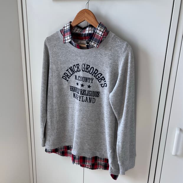 Sugaroa 체크 셔츠 레이어드 맨투맨 티셔츠