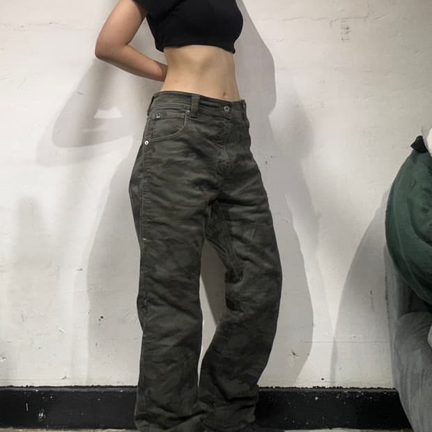 빈티지 TAICHI 카키 밀리터리 카모 새깅 힙합 스키니 카고 팬츠 34