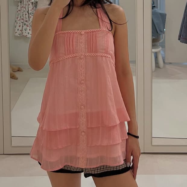 Vintage Pink Halter Neck Frill Blouse 