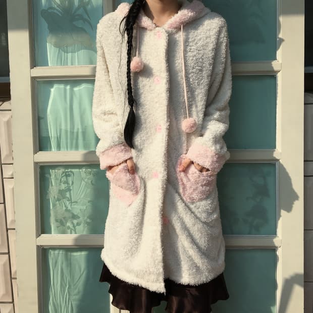 Pom pom fleece hood cardigan