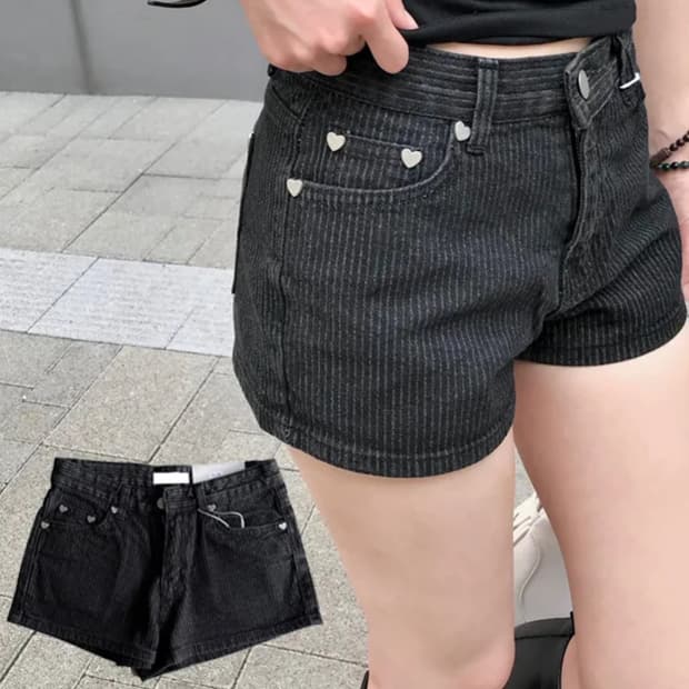 스트라이프 하트 포인트 숏 데님 핫팬츠