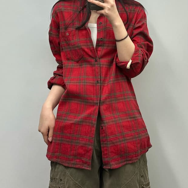 라코스테 자수로고 레드 체크 셔츠