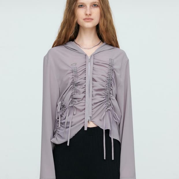 나체 SHIRRING CHIFFON HOODIE ZIP-UP (GRAY)