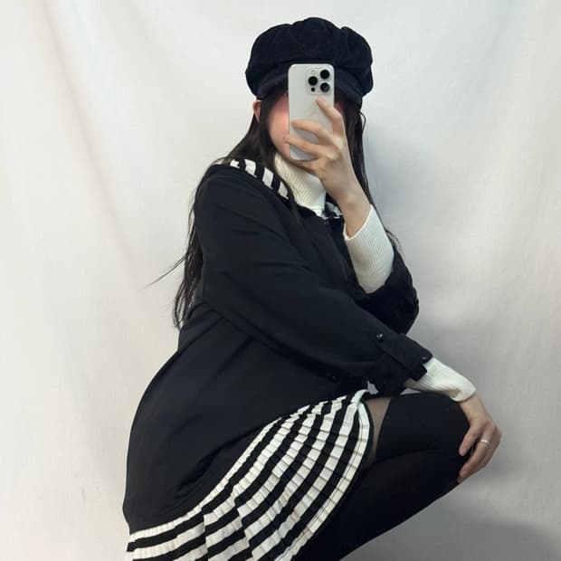 스트라이프 패턴 플리츠 디테일 롱 후디드 집업