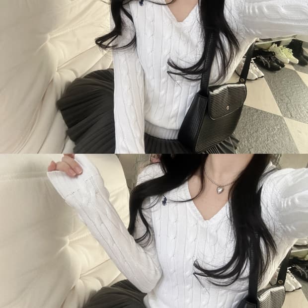 폴로 랄프로렌 화이트 V넥 케이블 니트 
