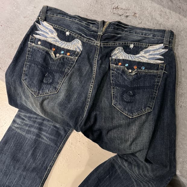 JPN 비즈 스컬 자수 워싱 데님팬츠 