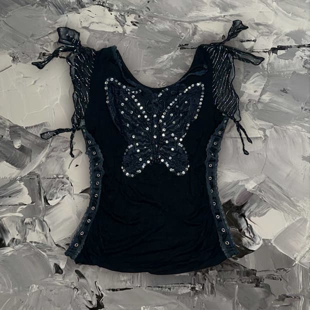 Y2k깔 나비 스팽글 블랙 민소매 탑