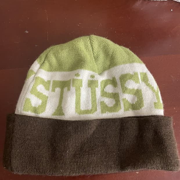 00s 빈티지 스투시 스펠아웃 니트 비니 브라운/라임 그린