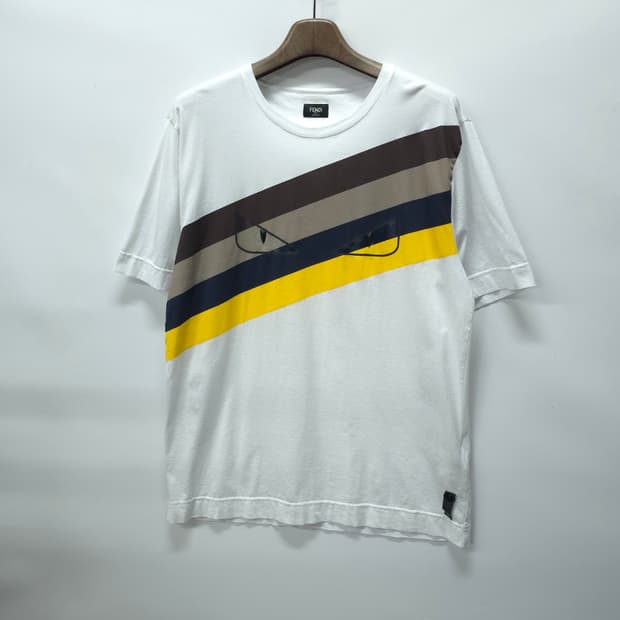 펜디 백 버그 아이즈 멀티 스트라이프 라운드 반팔 티셔츠 (XL)