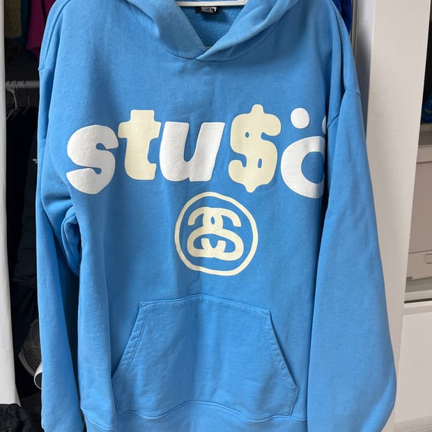 스투시 x CPFM 8볼 피그먼트 다이드 후드 블루 L사이즈