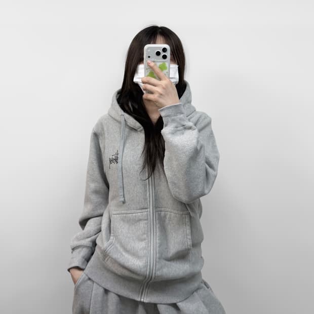 스투시 베이직 로고 후드집업 그레이