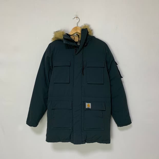 칼하트 빈티지 퍼 후드 야상 패딩 블루그린 남성 XS 남녀공용