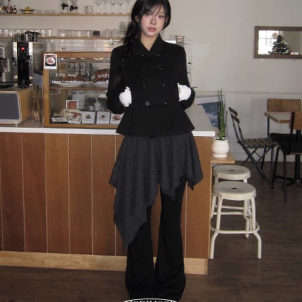 모디무드 피노 핀턱 더블 숏 코트 블랙