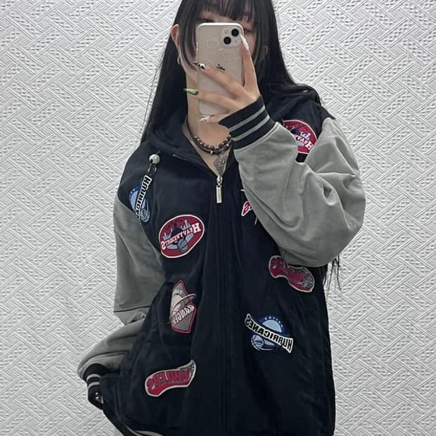 리크웨어 베스킷볼 키치 자수 패치워크 바시티자켓 L C08740