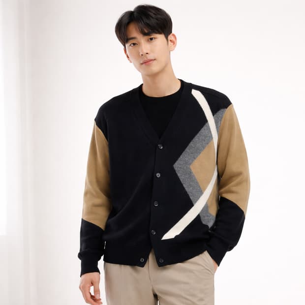 시스템 배색 울 캐시미어 가디건 세미루즈핏