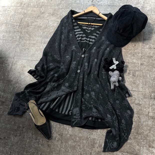 스컬 케이프 가디건 스트라이프 원피스 뉴스보이캡 3pcs SET