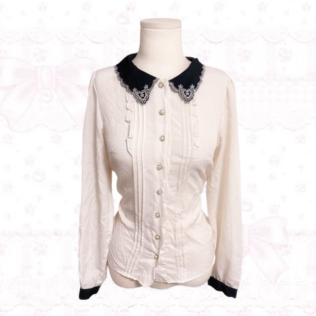 앙크루즈 지뢰계 양산형 히메갸루 화이트 앤 블랙 레이스 퍼프 블라우스 