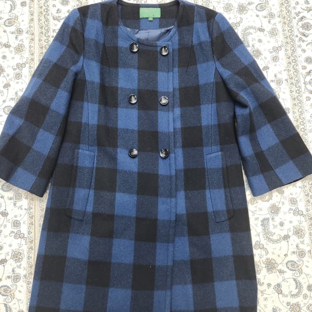 베네통 블루 블랙 체크 하프 코트 42