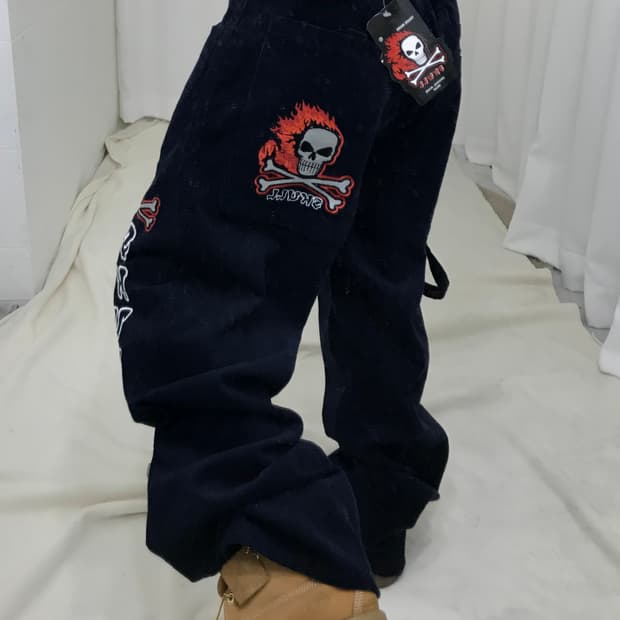 스컬 빈티지 네이비 코듀로이 골덴 힙합 팬네