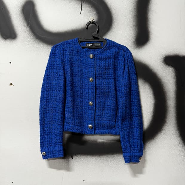 ZARA 블루 체크 패턴 크롭 트위드 자켓