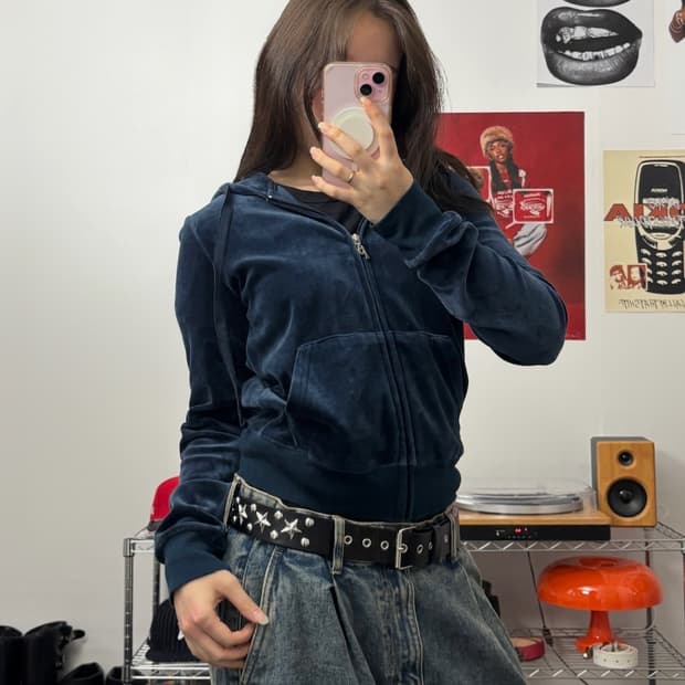 PINK 후드 스팽글 로고 벨벳 후드집업