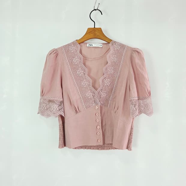 [ZARA] 자라 핑크 레이스 자수 퍼프 블라우스 여성 XS