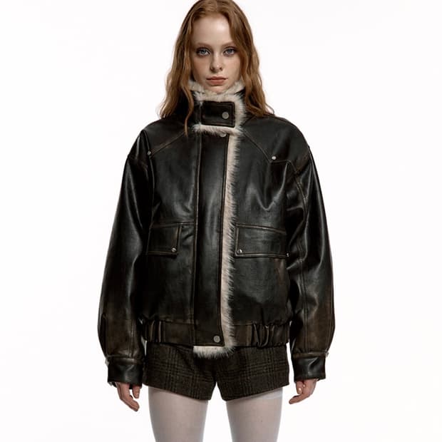 러프넥 워싱 레더 무스탕 자켓