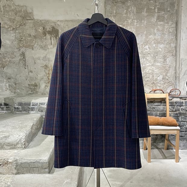 프라다 블루 하운드 투스 체크 히든 버튼 울 숏 코트