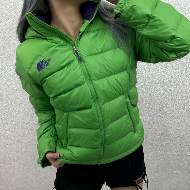 노스페이스 퍼플로고 그린 후드패딩 90