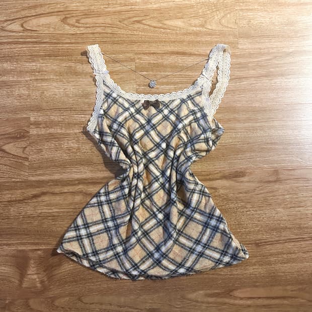 빈티지 브라운 체크 리본 나시 슬리브리스 히메갸루 로걀 라떼 긱시크 고딕