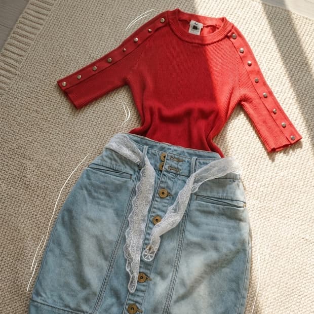 Sov. 견장 버튼 골지 니트 (코랄 레드/상태 최상)