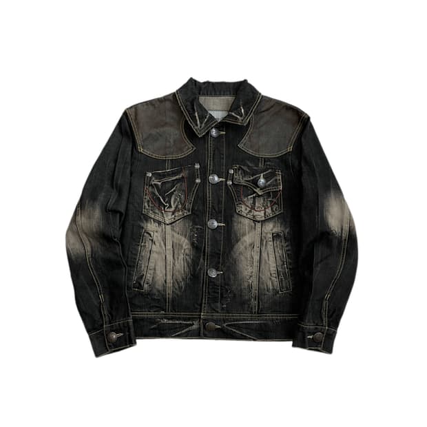 웨스턴 흑청 워싱 빈티지 가죽도킹 그런지 데님자켓