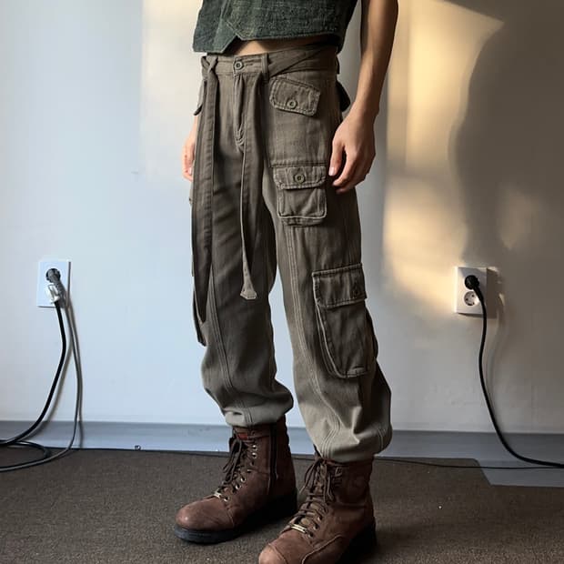 Shinne 스트랩 벨트 카고 스트레이트 팬츠