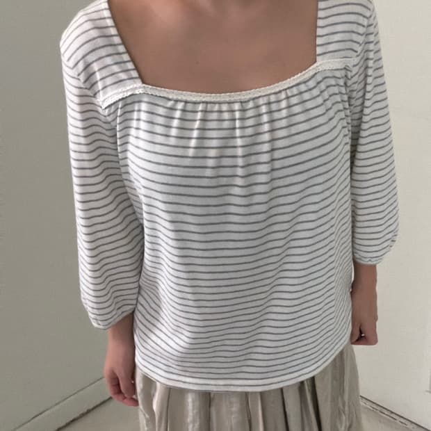 일본빈티지 레이스 스퀘어넥 7부 티셔츠