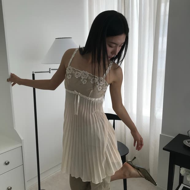 Beige Flower Lace Slip Dress