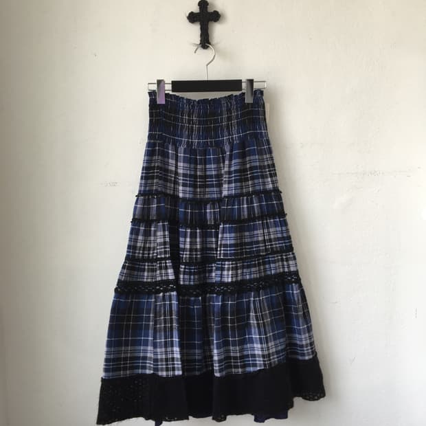 Crochet layer check pattern long skirt