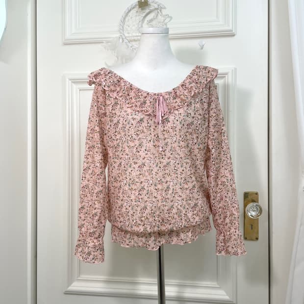 pink flower lace bow point spring blouse