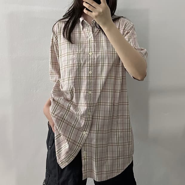 (L) 버버리 런던 베이비핑크 체크 반팔 셔츠