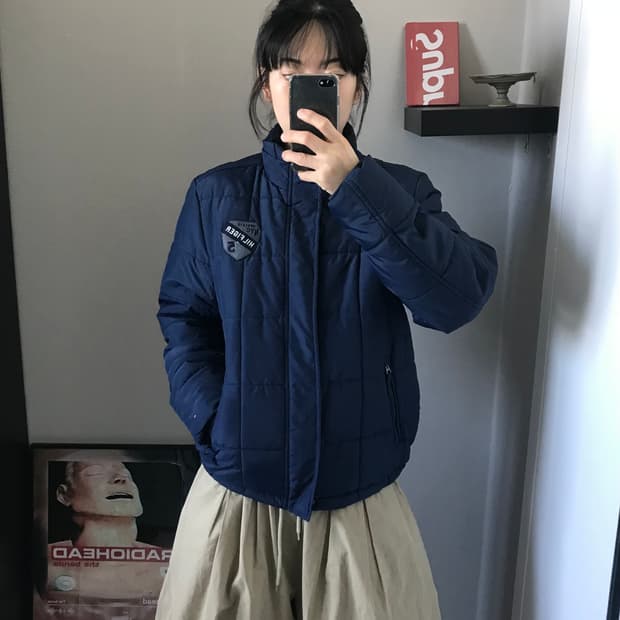 타미힐피거 자수 패치로고 네이비 숏패딩