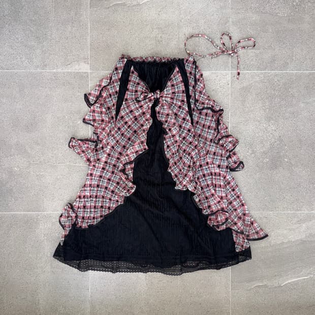 Anna Sui black pink check ruffle skirt
